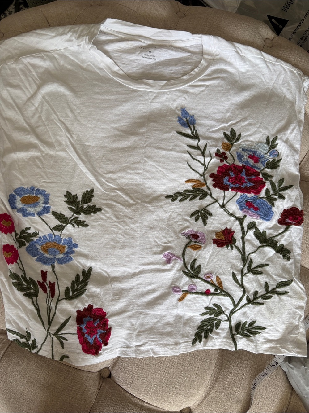 Anthropologie White Tee with Multicolor Floral Embroidery